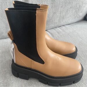 Mango Tan And Black Ankle Leather Chunky Grunge Goth Boots 8 ( 39 spain)
